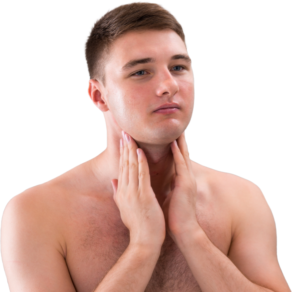 Male with hands held to neck after applying THAW post-shave repair gel. 