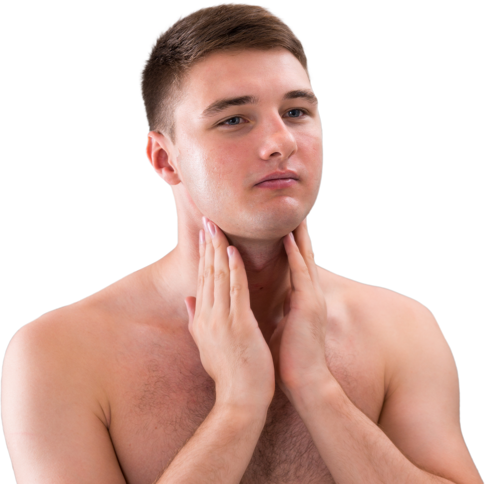 Male with hands held to neck after applying THAW post-shave repair gel.